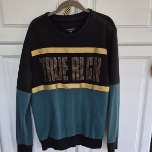 True Religion Black and Teal Crewneck with Gold Detail